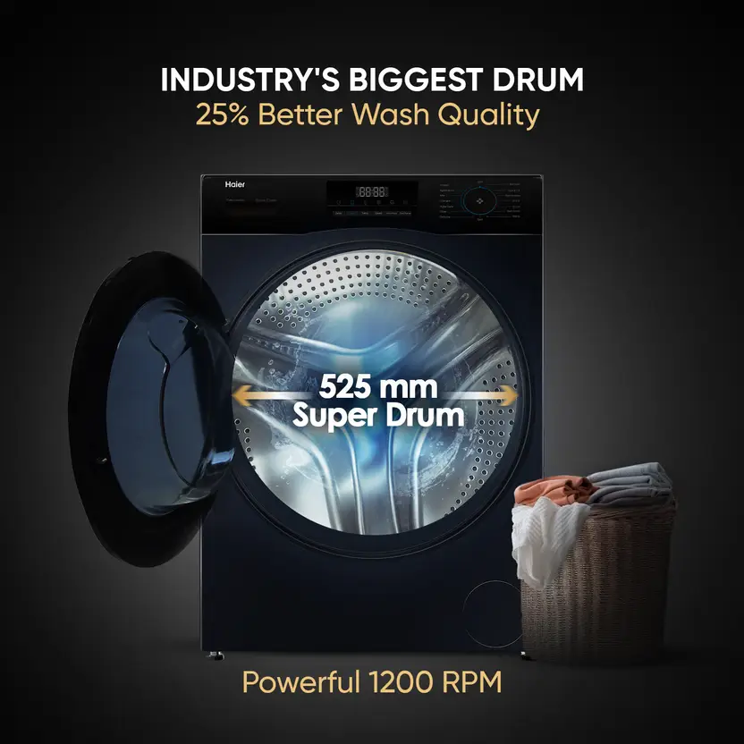 Haier 8 kg AI with Inverter Motor,Puristeam and Refresh Function, Anti Bacterial Technology, Super Drum 525mm with Custom Wash Programs Fully Automatic Front Load Washing Machine Black (EFL80-IM12IBIEBK) - Image 10