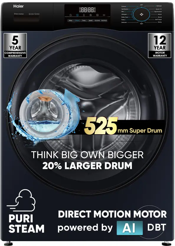 Haier 8 kg AI with Inverter Motor,Puristeam and Refresh Function, Anti Bacterial Technology, Super Drum 525mm with Custom Wash Programs Fully Automatic Front Load Washing Machine Black (EFL80-IM12IBIEBK) - Image 12