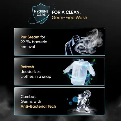 Haier 8 kg AI with Inverter Motor,Puristeam and Refresh Function, Anti Bacterial Technology, Super Drum 525mm with Custom Wash Programs Fully Automatic Front Load Washing Machine Black (EFL80-IM12IBIEBK) - Image 9