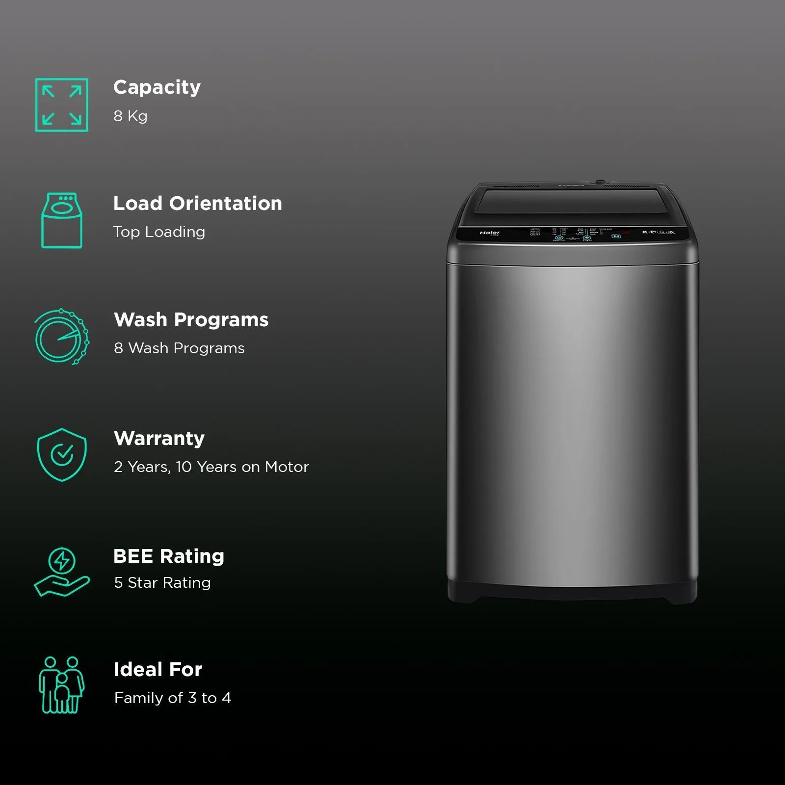Haier 8 kg 5 Star Fully Automatic Top Load Washing Machine (HWM80-316BK, Oceanus Wave Drum, Dark Jade Silver) - Image 18