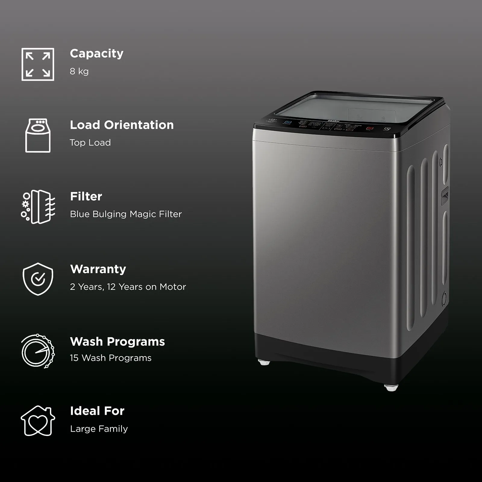 Haier 8 kg Fully Automatic Top Load Washing Machine (HWM80-H826S6, In-built Heater, Jade Silver) - Image 2