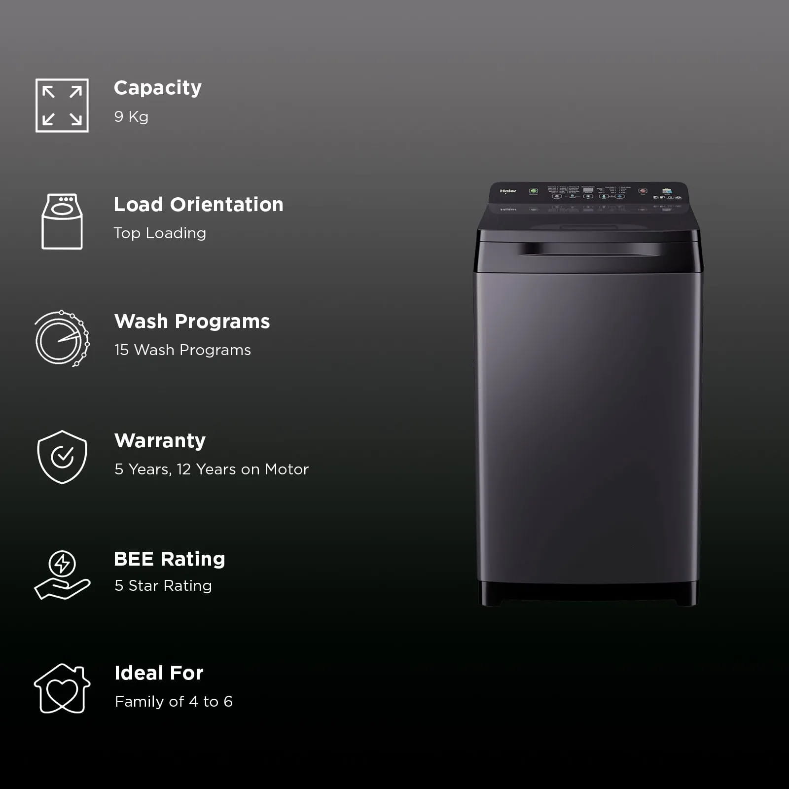 Haier 9 kg 5 Star Fully Automatic Top Load Washing Machine (Heater 688, HWM90-H688BK, In-built Heater, Dark jade) - Image 9